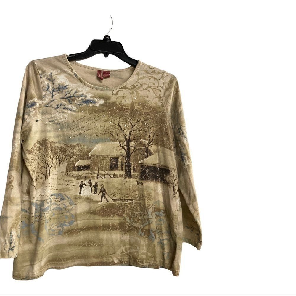 FRESH Woman, Winter Wonderland, Top, Tan, Size 1X,‎ Long Sleeves, jewel neckline